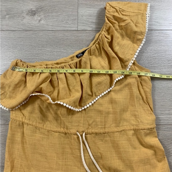 Zara Linen Blend One Shoulder Ruffle Tie Waist Mustard Yellow Top - Picture 8 of 9